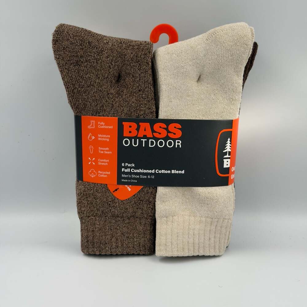 Bass Outdoor Men's 6 Pack Full Cushioned Cotton Blend Socks Shoe Size 6-12